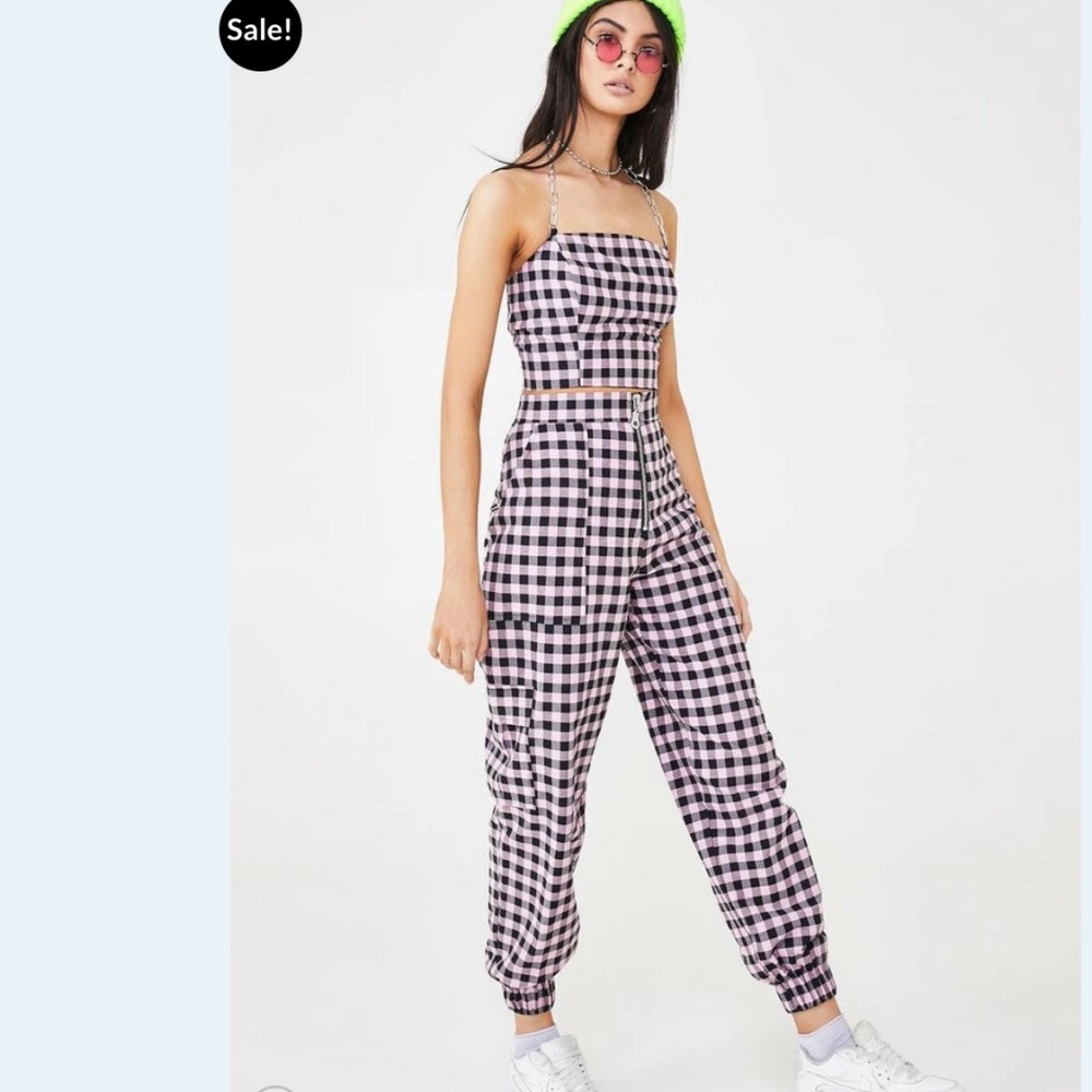 🎶 NWOT the ragged priest hipster Gen Z plaid pink black pants with zipper - Picture 2 of 8